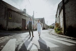 A wedding couple in the street in Fontainebleau, France